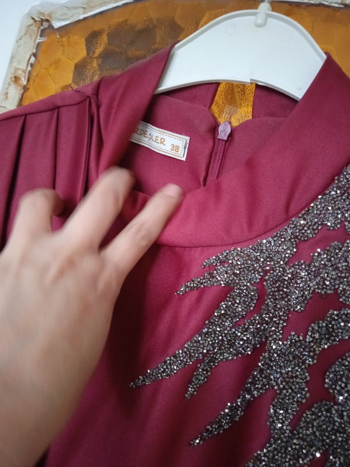 Bordo Uzun Kollu Nakışlı Vintage Abiye Elbise - Görsel 5