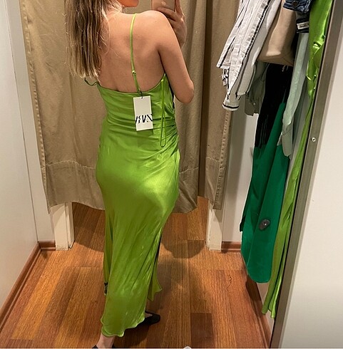 xs Beden Zara Drape Lingerie Stil Elbise yeşil