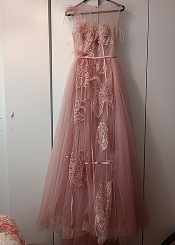 Abiye Pembe İşlemeli Uzun Abiye Elbise