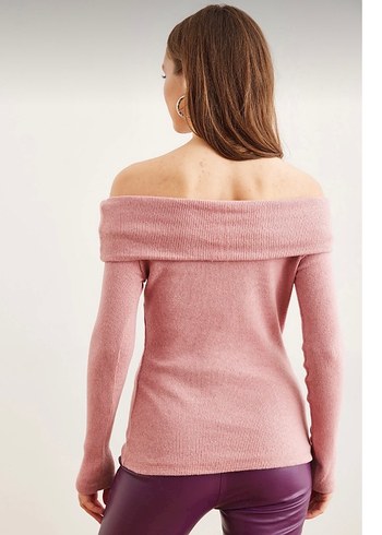 Pembe Triko Kayık Yaka Kadın Kazak - Görsel 4