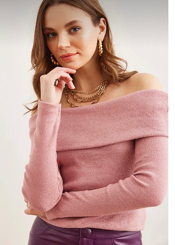 Pembe Triko Kayık Yaka Kadın Kazak - Görsel 2