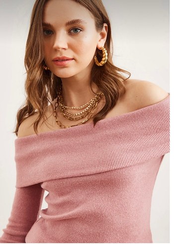 Pembe Triko Kayık Yaka Kadın Kazak - Görsel 5