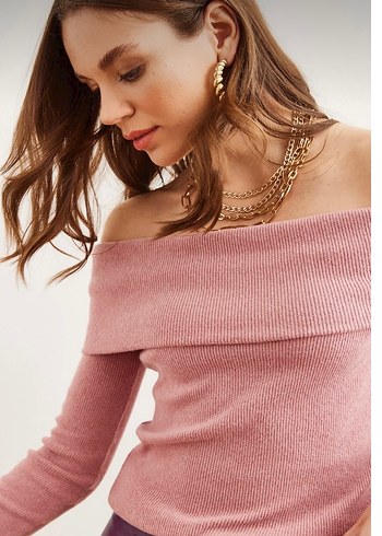 Pembe Triko Kayık Yaka Kadın Kazak - Görsel 3