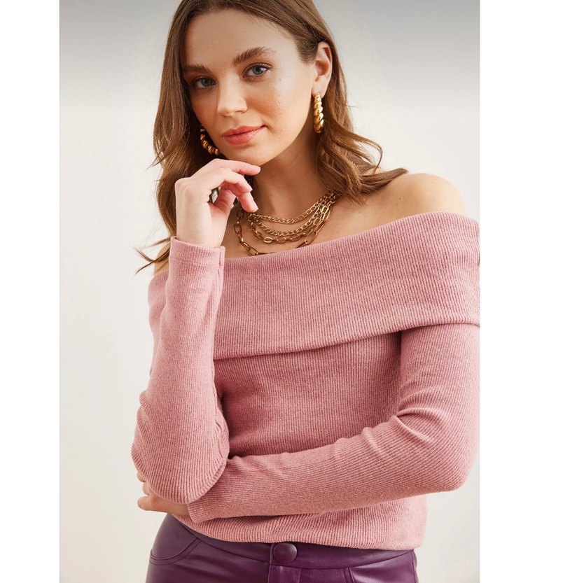 Pembe Triko Kayık Yaka Kadın Kazak - Görsel 2