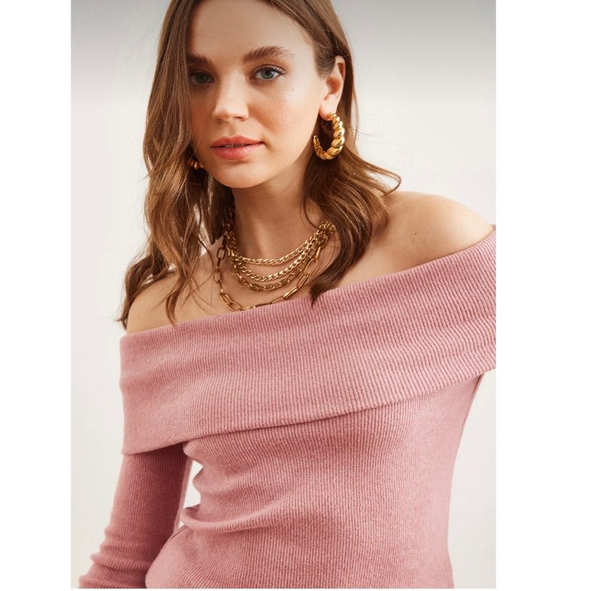 Pembe Triko Kayık Yaka Kadın Kazak - Görsel 5