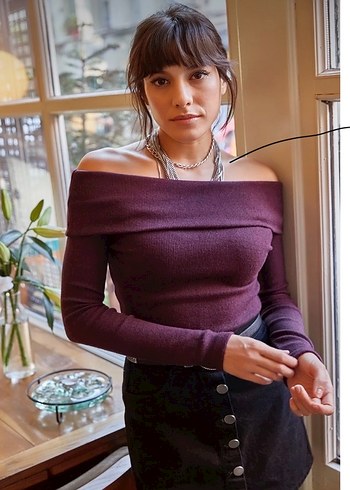 Mor Kayık Yaka Triko Kadın Bluz - Görsel 4