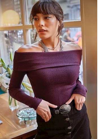 Mor Kayık Yaka Triko Kadın Bluz - Görsel 2