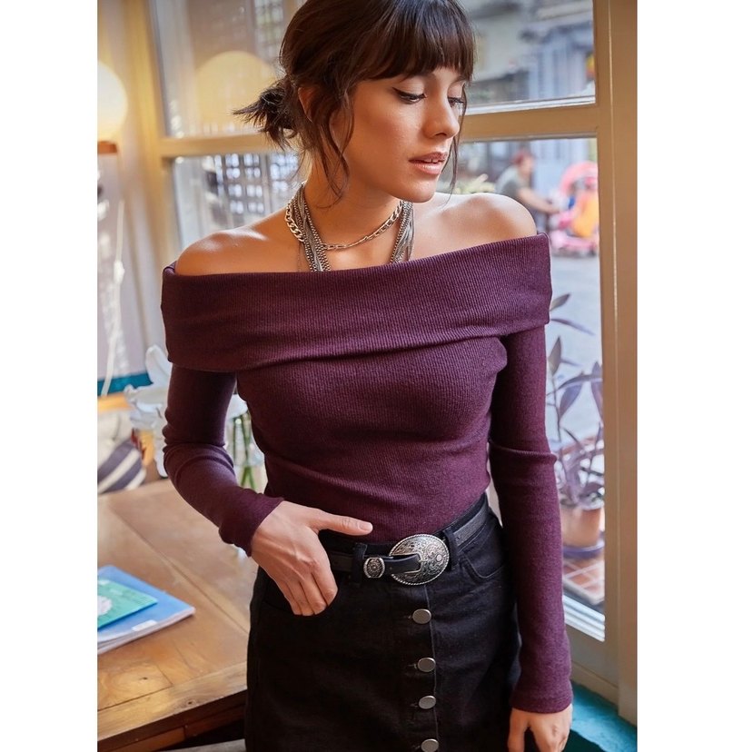 Mor Kayık Yaka Triko Kadın Bluz - Görsel 3