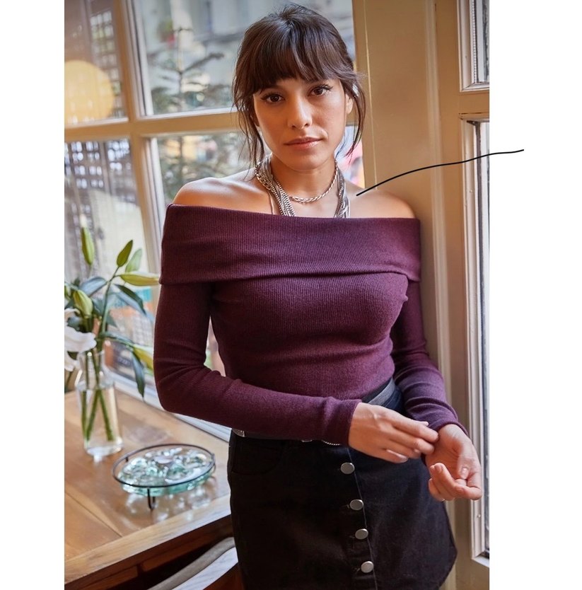 Mor Kayık Yaka Triko Kadın Bluz - Görsel 4