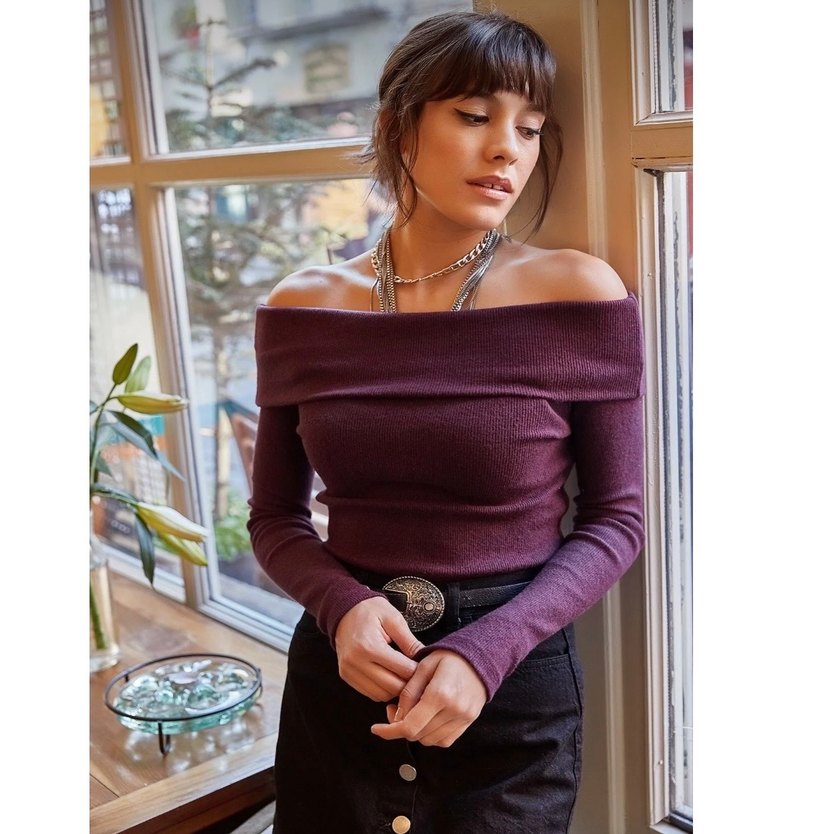 Mor Kayık Yaka Triko Kadın Bluz - Görsel 5