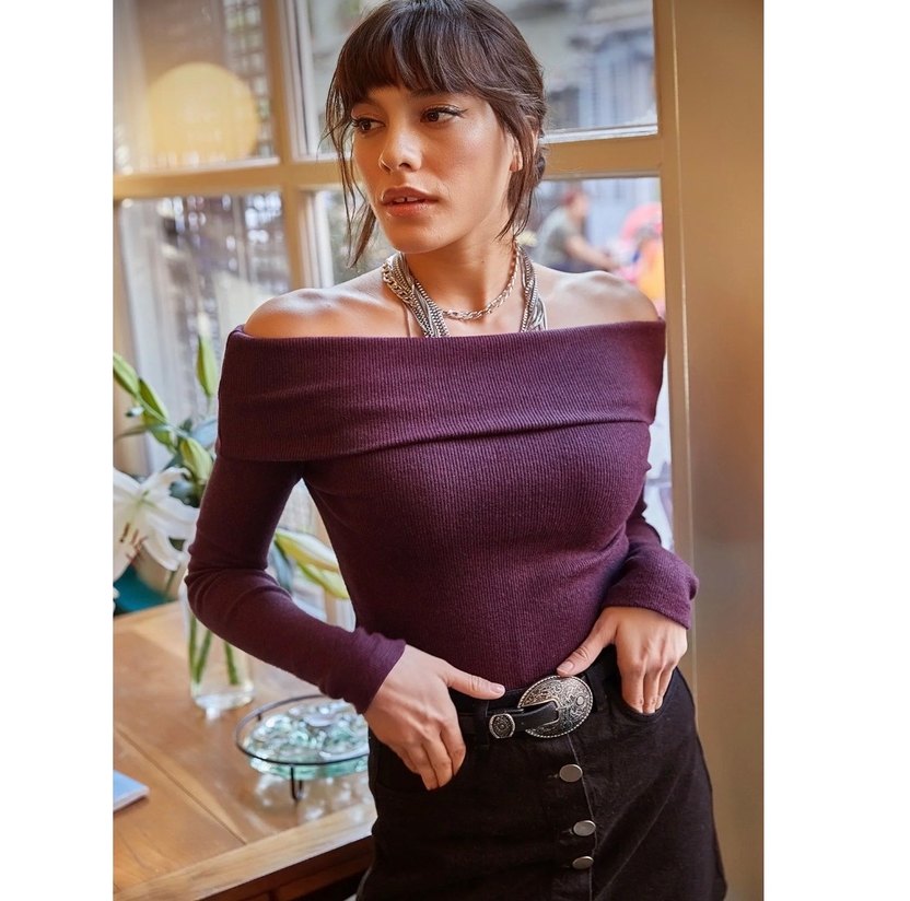 Mor Kayık Yaka Triko Kadın Bluz - Görsel 2