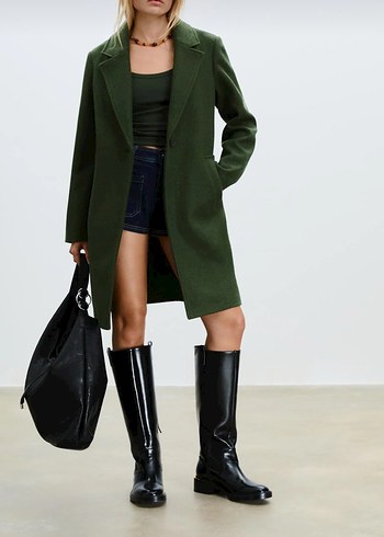 Stradivarius Haki Renk Tek Düğmeli Kaban - Görsel 4