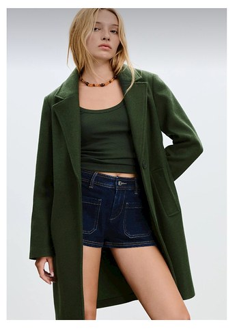 Stradivarius Haki Renk Tek Düğmeli Kaban - Görsel 5