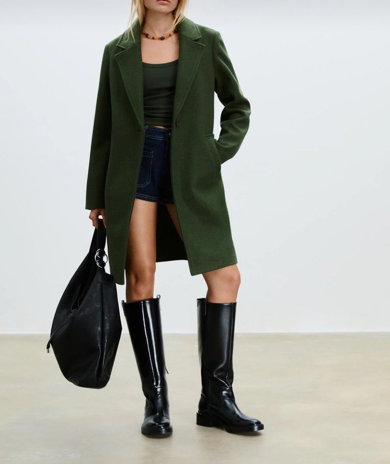 Stradivarius Haki Renk Tek Düğmeli Kaban - Görsel 4