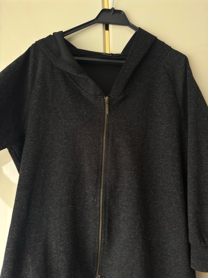 Gri Midi  Kapüşonlu Fermuarlı Mont - Görsel 2