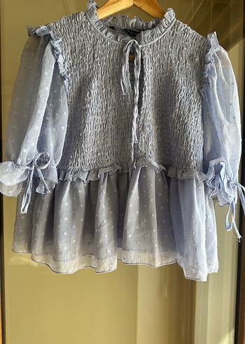 Mavi Fırfırlı Keten Bluz - Görsel 4