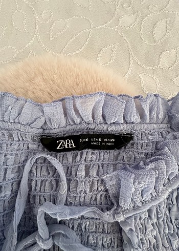 Zara Mavi Fırfırlı Keten Bluz