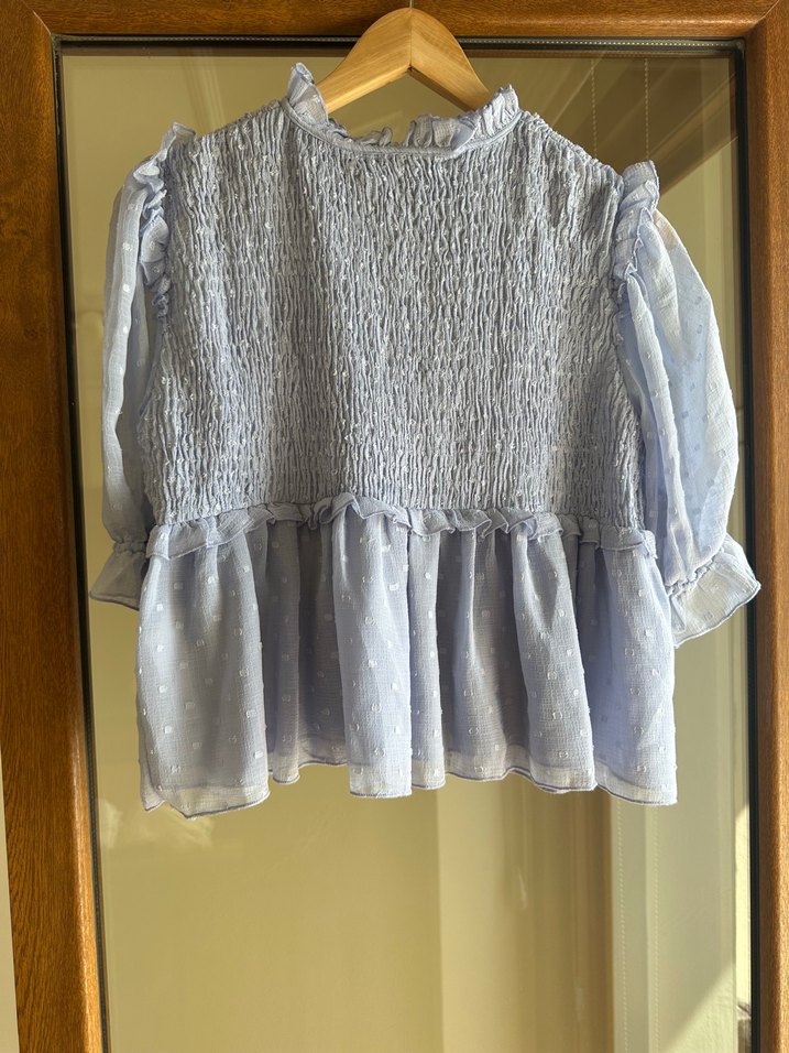 Mavi Fırfırlı Keten Bluz - Görsel 5