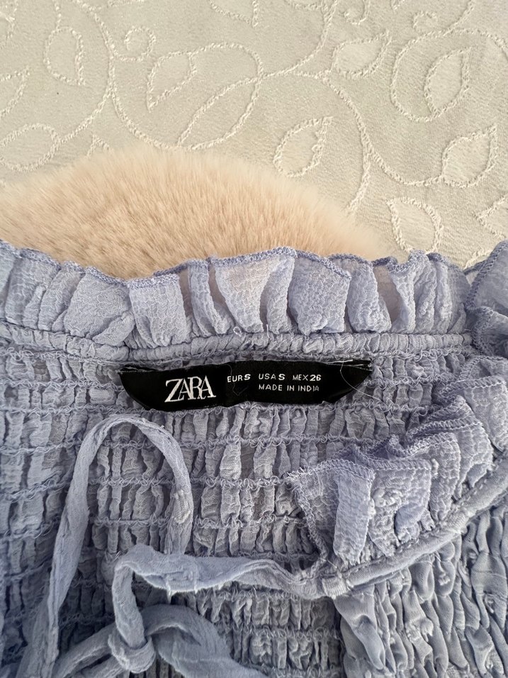 Mavi Fırfırlı Keten Bluz - Görsel 3