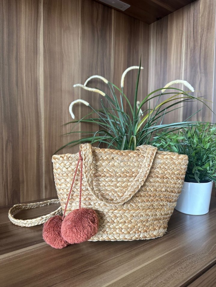 Püsküllü Bej Örgü Kadın Çanta - Görsel 2