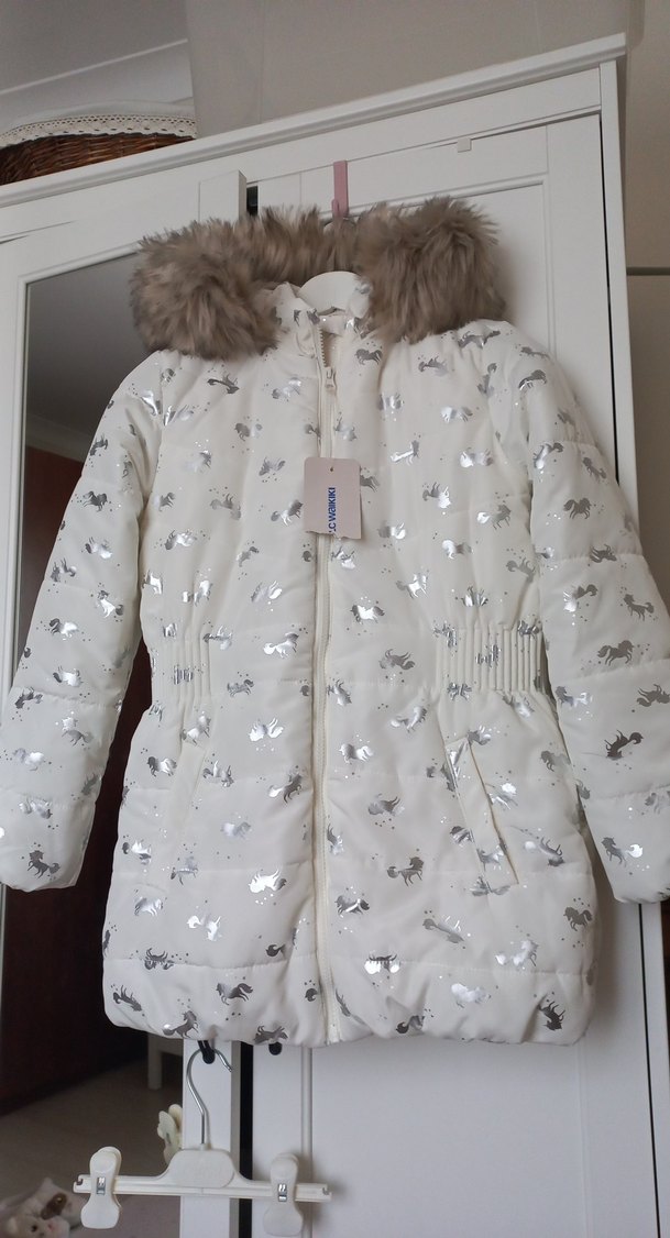 Kız Çocuk Beyaz Kürklü Unicorn Baskılı Mont - Görsel 2