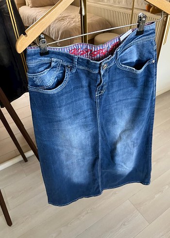 Kot Kumaşlı Belden Kemerli Hamile Midi Etek - Görsel 2