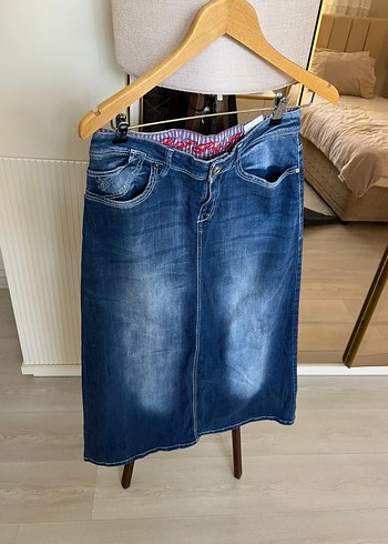 Kot Kumaşlı Belden Kemerli Hamile Midi Etek - Görsel 3