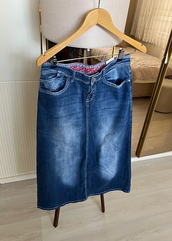 Kot Kumaşlı Belden Kemerli Hamile Midi Etek - Görsel 4