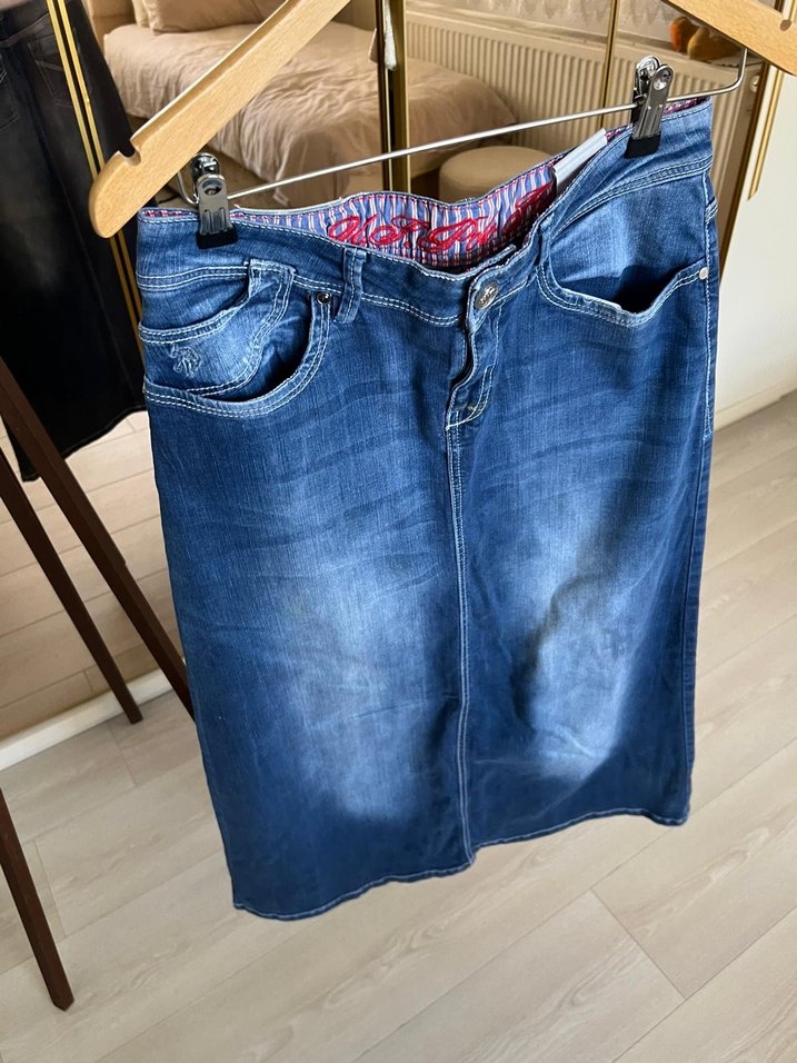 Kot Kumaşlı Belden Kemerli Hamile Midi Etek - Görsel 2