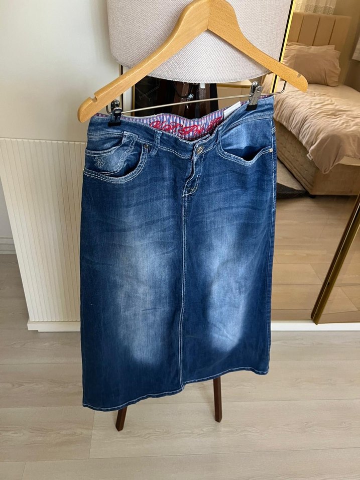 Kot Kumaşlı Belden Kemerli Hamile Midi Etek - Görsel 3