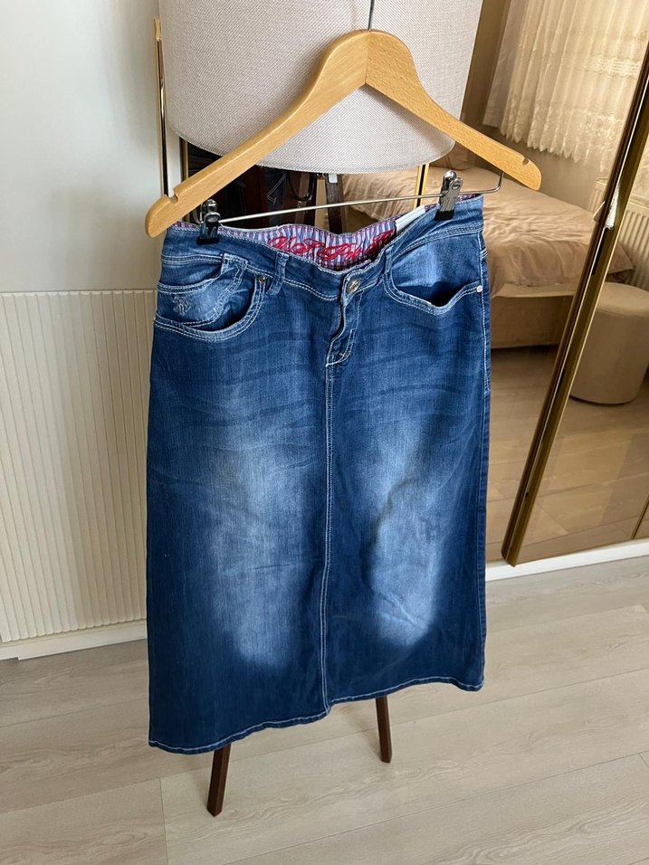 Kot Kumaşlı Belden Kemerli Hamile Midi Etek - Görsel 4