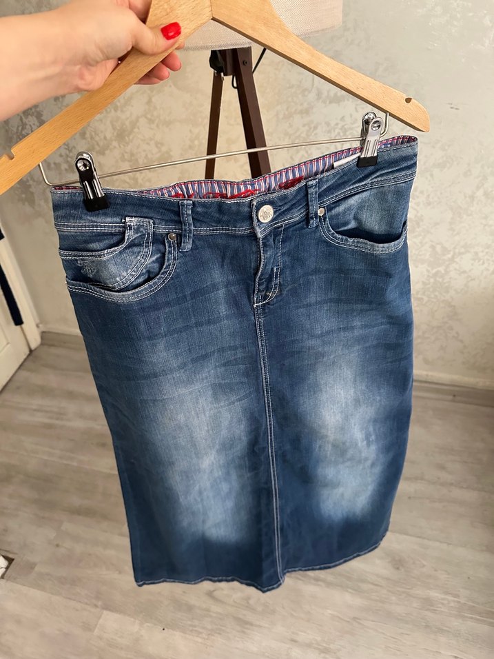 Mavi Parlak Midi Hamile Kot Etek - Görsel 2