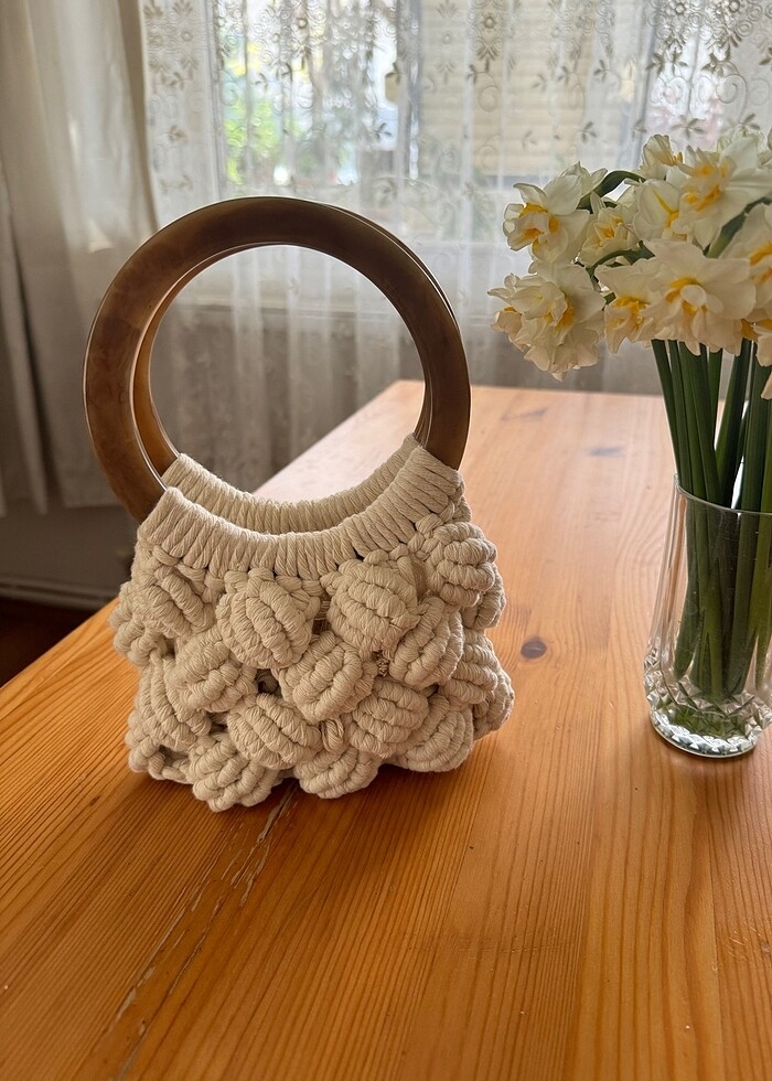 Makrome ahşap saplı çanta - Görsel 2