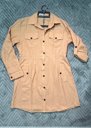 Düğmeli Yavru Ağzı Keten Midi Kadın Elbise - Görsel 4