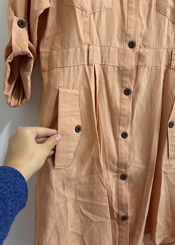 Düğmeli Yavru Ağzı Keten Midi Kadın Elbise - Görsel 3