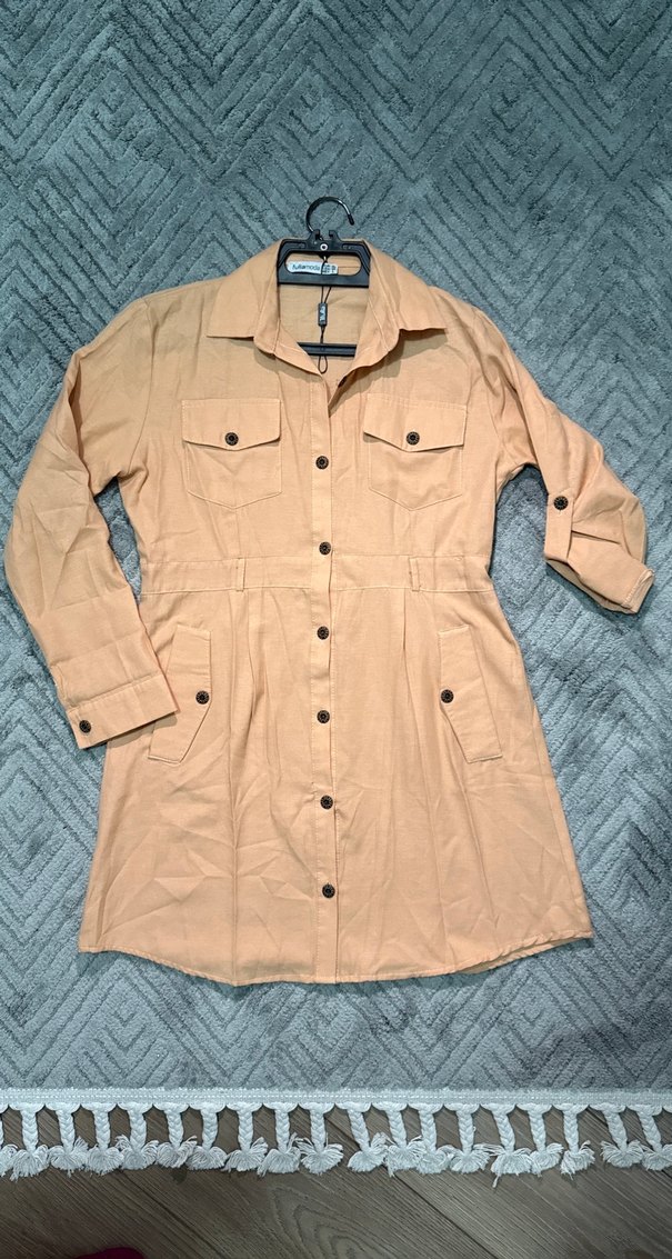 Düğmeli Yavru Ağzı Keten Midi Kadın Elbise - Görsel 4