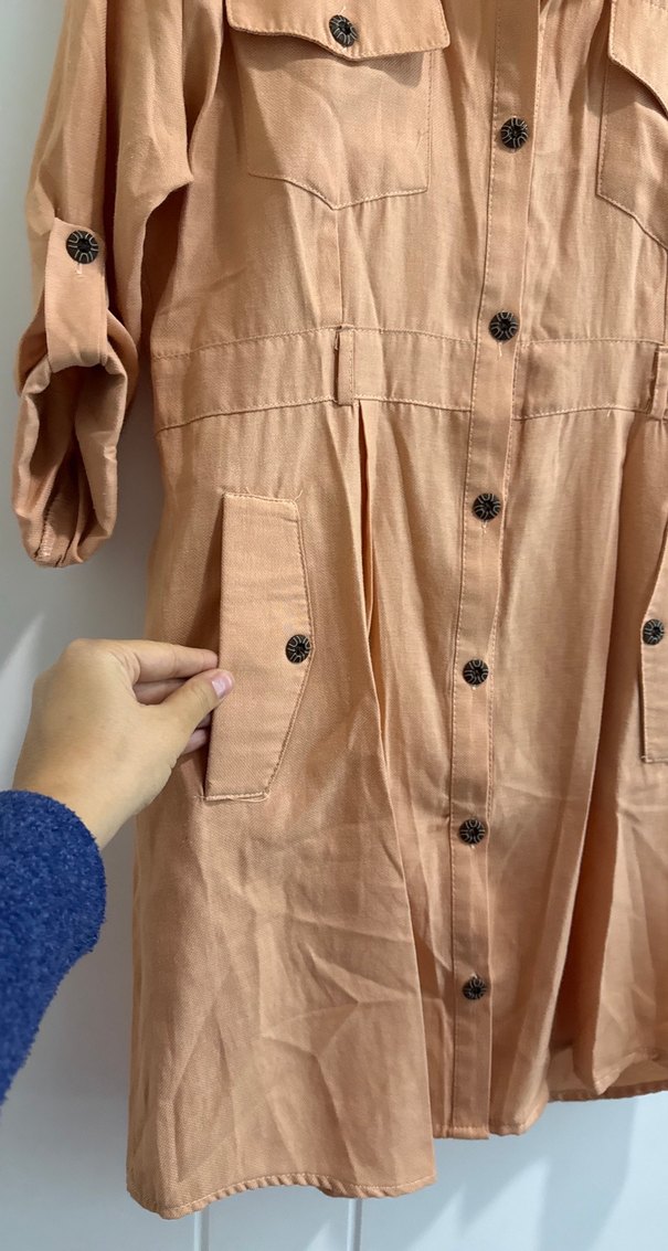 Düğmeli Yavru Ağzı Keten Midi Kadın Elbise - Görsel 3