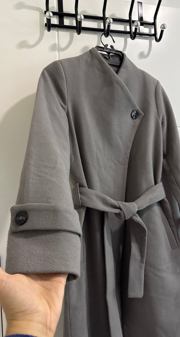 Gri Kuşaklı Kadın Kaşe Kaban - Görsel 3