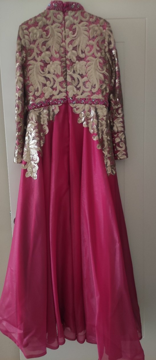 Uzun Kollu Fuşya Desenli Kadın Abiye - Görsel 2