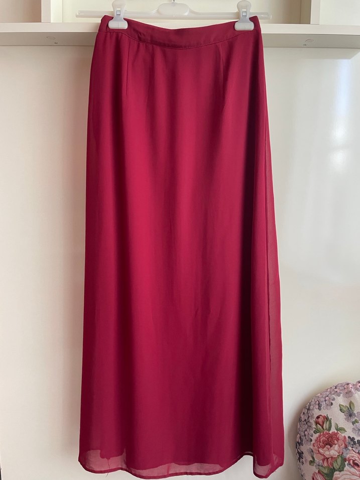 Bordo Uzun Şifon Kadın Etek - Görsel 5