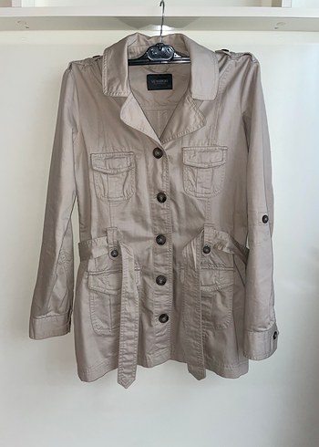 Bej Düğmeli Kadın Kısa Trençkot - Görsel 2