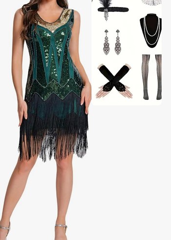 Cadılar Bayramı Kostüm Gatsby Elbise ve Aksesuar Seti