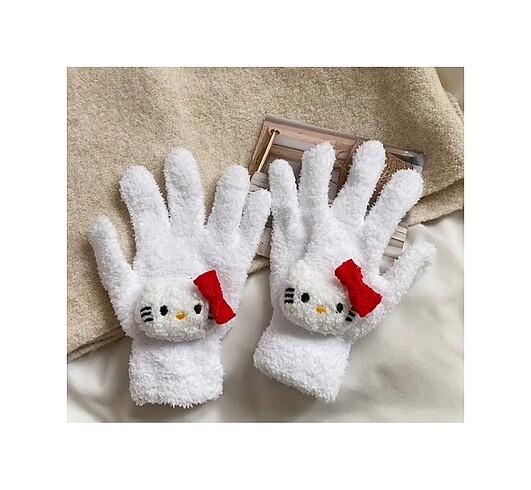 İthal Y2k Hello Kitty Beyaz Peluş Kış Eldivenleri