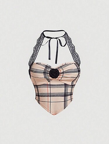 Y2k Bej Dantel Detaylı Halter Yaka Pinterest Top Bluz