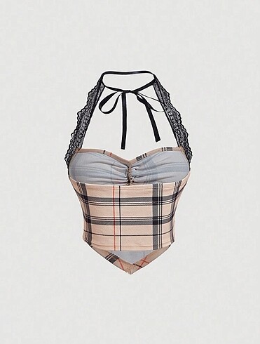 Sheinside Y2k Bej Dantel Detaylı Halter Yaka Pinterest Top Bluz