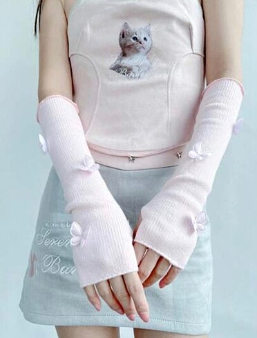 Sheinside Y2k Coquette 3D Kelebekli Pembe Kol Isıtıcı Eldiven