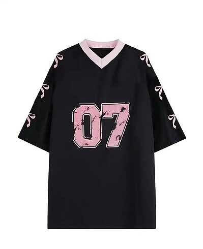 m Beden Y2k Coquette Siyah V Yaka 07 Yazılı Oversize Tshirt