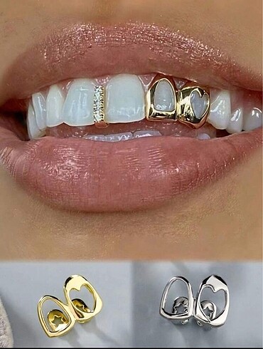 Y2k Hip Hop Gümüş Rengi İkili Kalpli Taşlı Tooth Grillz Gems Diş