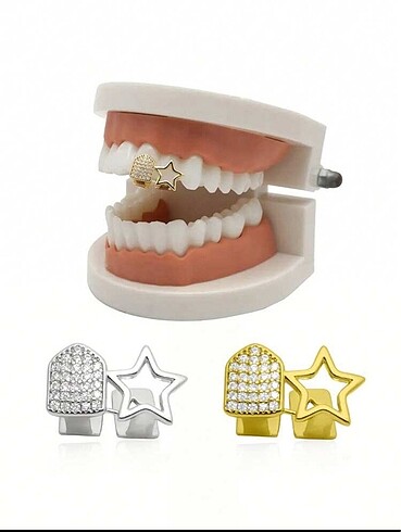 Y2k Punk Style Gümüş Rengi Yıldızlı ve Taşlı İkili Tooth Grillz 