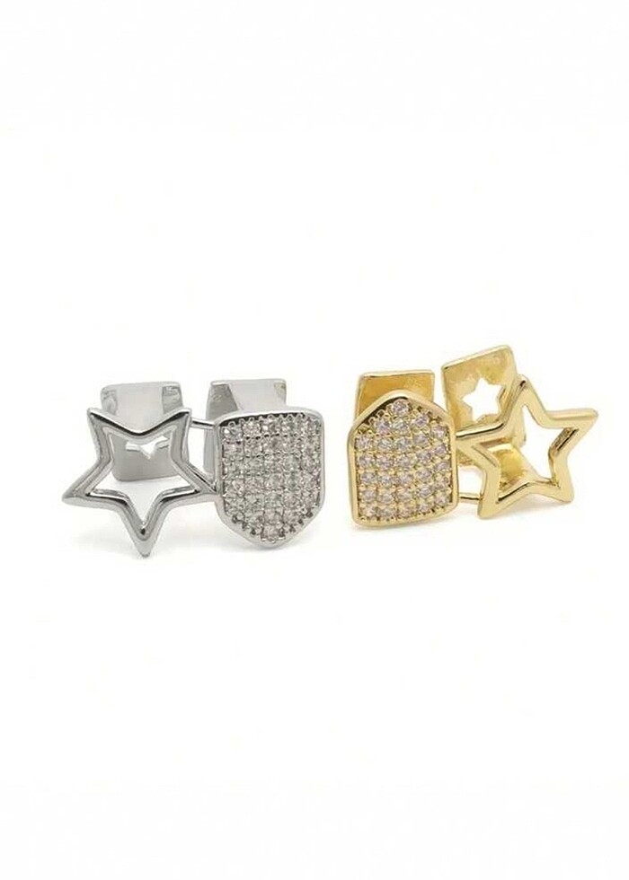 Y2k Punk Style Gümüş Rengi Yıldızlı ve Taşlı İkili Tooth Grillz - Görsel 3